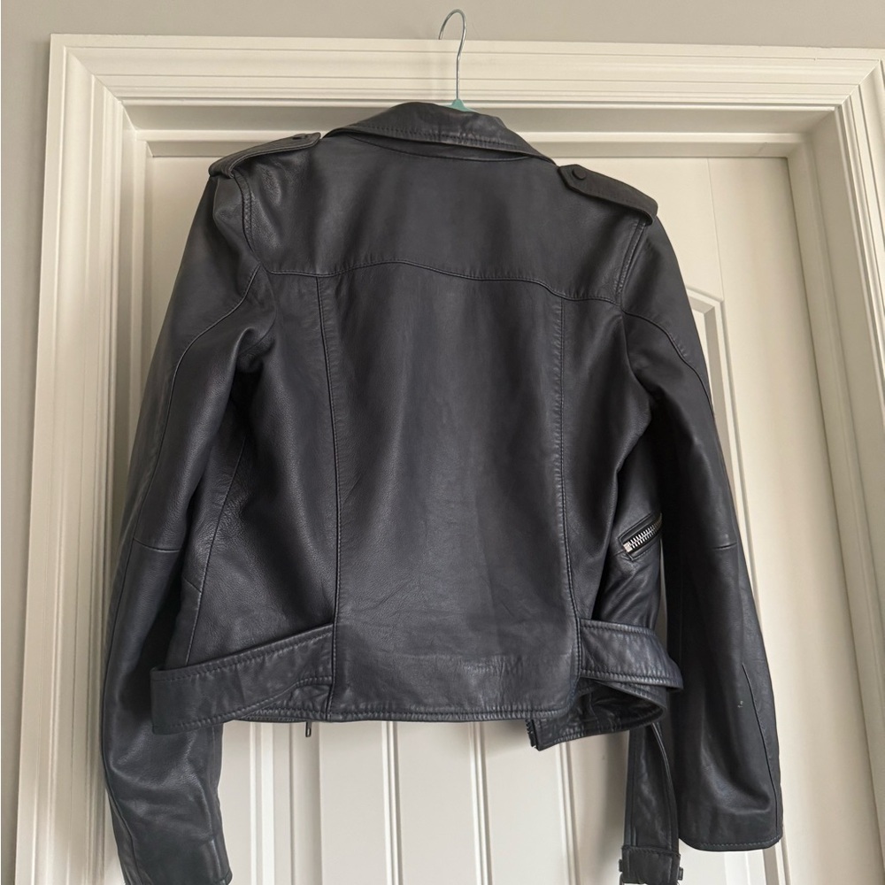 AllSaints Wyatt Biker Leather Jacket in Ink Blue - Picture 3 of 12